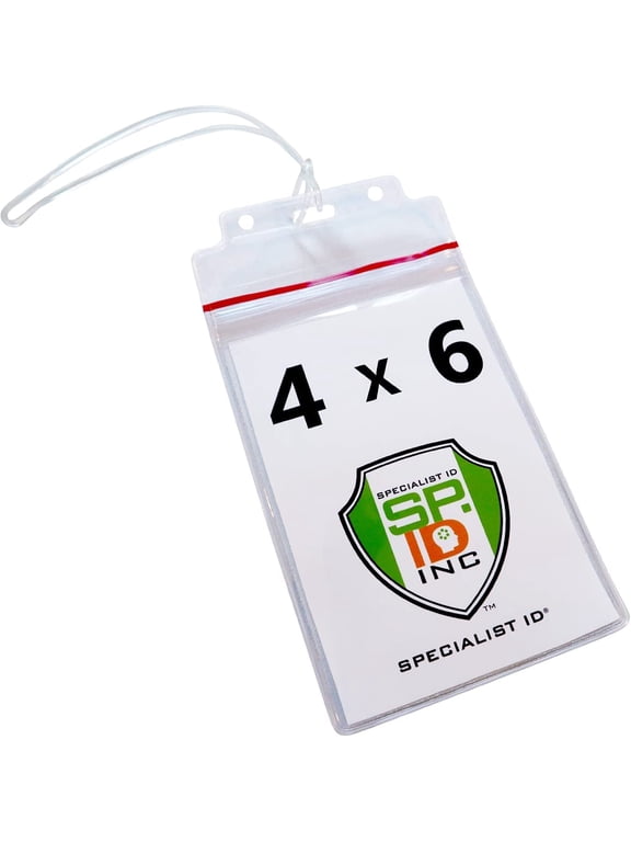 2 Pack - Extra Large Luggage Tags - Clear 4x6 Heavy Duty Cruise Ship I'd Tag / Golf Bag Travel Document Holder w 9" Plastic Loop - Waterproof Immunization Card Zip Pouch for Backpack by Specialist ID
