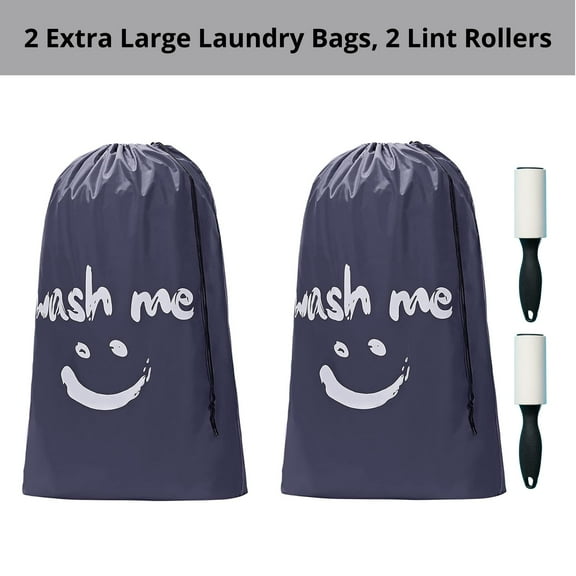 2 Pack Extra Large Nylon Laundry Bag with 2 Lint Roller Set, 40 in x 28 in for Travel or Home Use, Durable and Double Stitched with Cord Lock, Holds Up to 2 Loads of Laundry