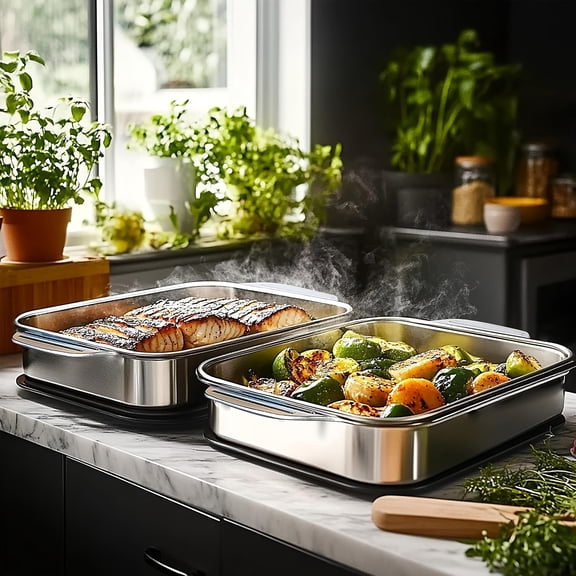 2 Pack Extra Large Stainless Steel Baking Pans with Lids - Heavy Duty Non-Stick Rectangular Oven Trays for Desserts, Bread, Seafood & BBQ, Buffet Serving Trays, Christmas Gift