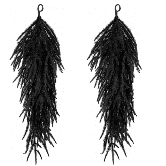 2 Pack Extra Length Halloween Black Teardrop Swag, 28'' Gothic Pine Needles Teardrop Door Swag, High-End Black Norfolk Swags Decoration for Porch Pillars Mantle Windows Wall Home Decorations