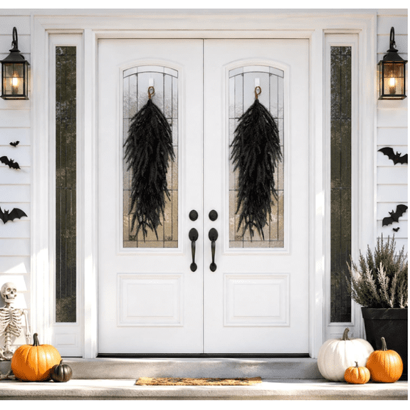 2 Pack Extra Length Halloween Black Teardrop Swag, 28'' Gothic Pine Needles Teardrop Door Swag, High-End Black Norfolk Swags Decoration for Porch Pillars Mantle Windows Wall Decor