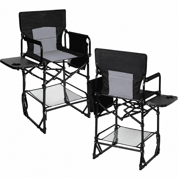 2 Pack Extra Tall Folding Camping Chairs, 30" Seat Height Director Chairs with Side Table, Portable High Stool with 400 LBS Capacity for Craft Shows, Makeup Artists and Outdoor Activities, Black