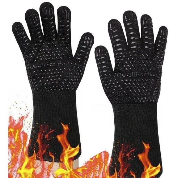 2 Pack Extreme Heat Resistant BBQ Gloves Ideal for Grilling,Barbecuing,Baking,and Camping.Non-Slip Silicone Barbecue Kitchen Oven Mitts,13 Inch Black