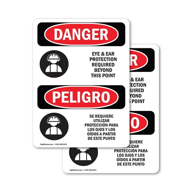 (2 Pack) Eye And Ear Protection Required Bilingual OSHA Danger Sign