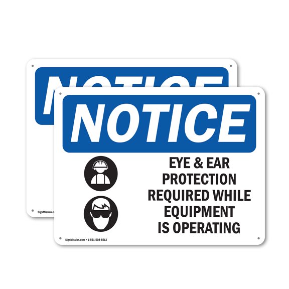 (2 Pack) Eye And Ear Protection Required OSHA Notice Sign 18 Inch X 12 Inch Plastic Sign, Weather Resistant, UV Protected for Workplace, Business, and Construction Site, Made in the USA