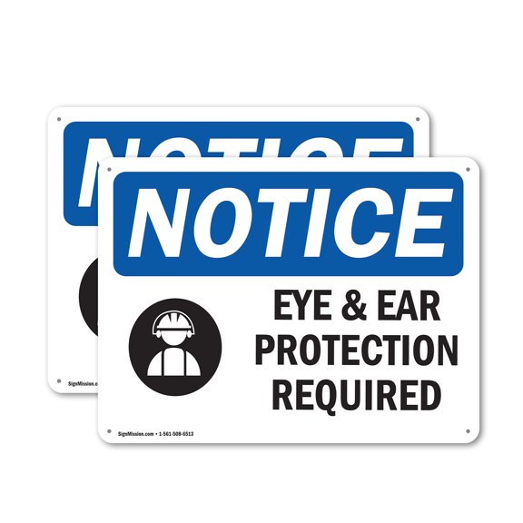 (2 Pack) Eye And Ear Protection Required OSHA Notice Sign 24 Inch X 18 Inch Plastic Sign, Weather Resistant, UV Protected for Workplace, Business, and Construction Site, Made in the USA