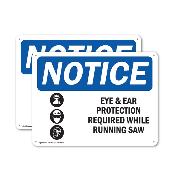 (2 Pack) Eye And Ear Protection Required OSHA Notice Sign 24 Inch X 18 Inch Plastic Sign, Weather Resistant, UV Protected for Workplace, Business, and Construction Site, Made in the USA