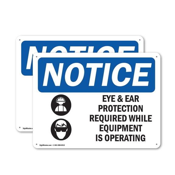 (2 Pack) Eye And Ear Protection Required OSHA Notice Sign 24 Inch X 18 Inch Plastic Sign, Weather Resistant, UV Protected for Workplace, Business, and Construction Site, Made in the USA