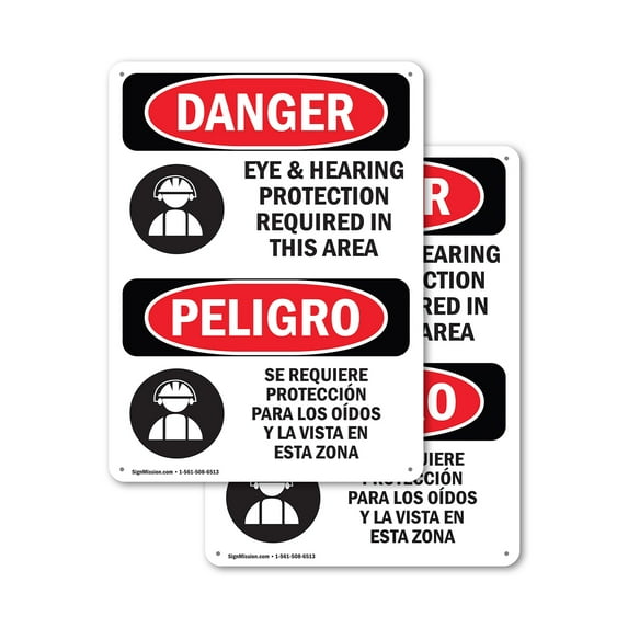 (2 Pack) Eye And Hearing Protection Required Bilingual OSHA Danger Sign 18 Inch X 24 Inch Plastic Sign, Weather Resistant, UV Protected for Workplace, Business, and Construction Site,