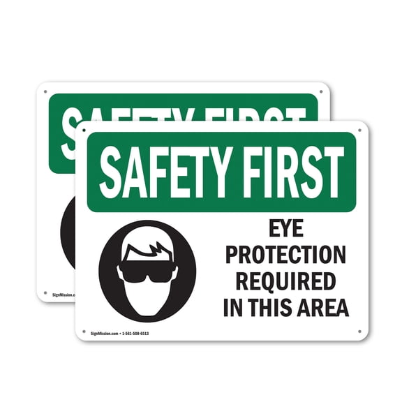 (2 Pack) Eye Protection Required In This Area With Symbol OSHA Safety First Sign 10 Inch X 7 Inch Plastic Sign, Weather Resistant, UV Protected for Workplace, Business, and Construction