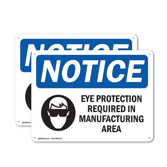 (2 Pack) Eye Protection Required In Manufacturing OSHA Notice Sign 24 Inch X 18 Inch Plastic Sign, Weather Resistant, UV Protected for Workplace, Business, and Construction Site, Made