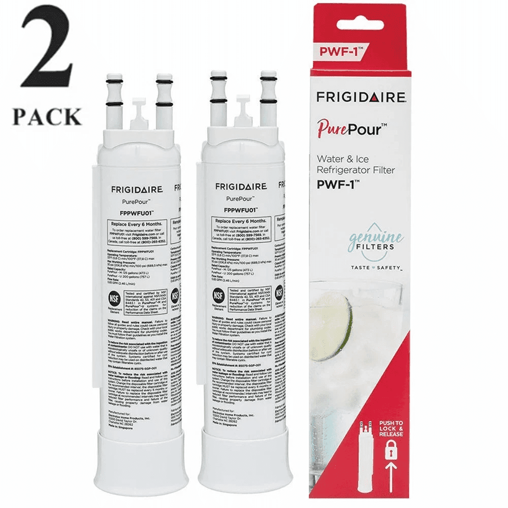 2-Pack FPPWFU01 PurePour PWF-1 Refrigerator Water Filter, For Frigidaire PWF-1 Original OEM Replacement Cartridge, White