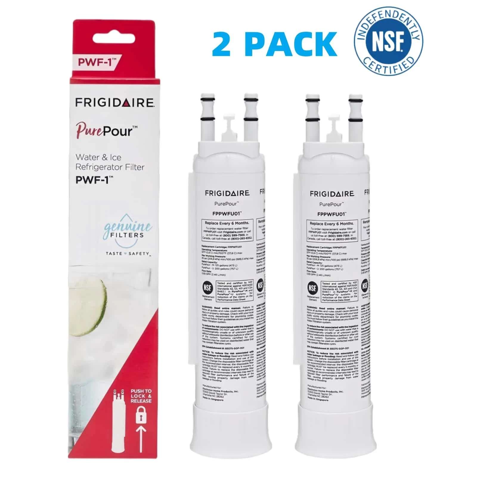 2-Pack FPPWFU01 Refrigerator Water Filter for Frigidaire PWF-1, NSF 42/53 Certified OEM Replacement Cartridge, White