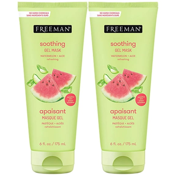 2-Pack FREEMAN Soothing Watermelon And Aloe Gel Facial Mask, Hydrates, Nourishes, And Soothes Irritated Skin, Cooling, Calming Gel Face Mask, For Sensitive And Break-Out Prone Skin, 6 fl.oz