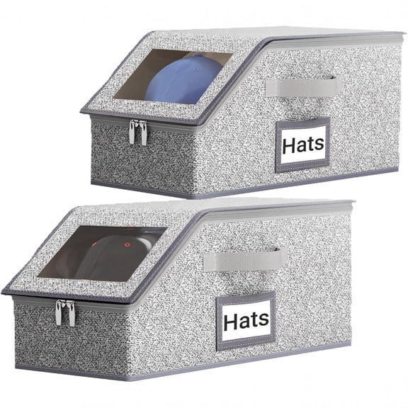 2 Pack Fabric Baseball Cap Storage Box, Hat Storage Box, Baseball Cap Organizer, Stackable Dustproof Closet Cap Holder with Transparent Window, Zipper & Carry Handle