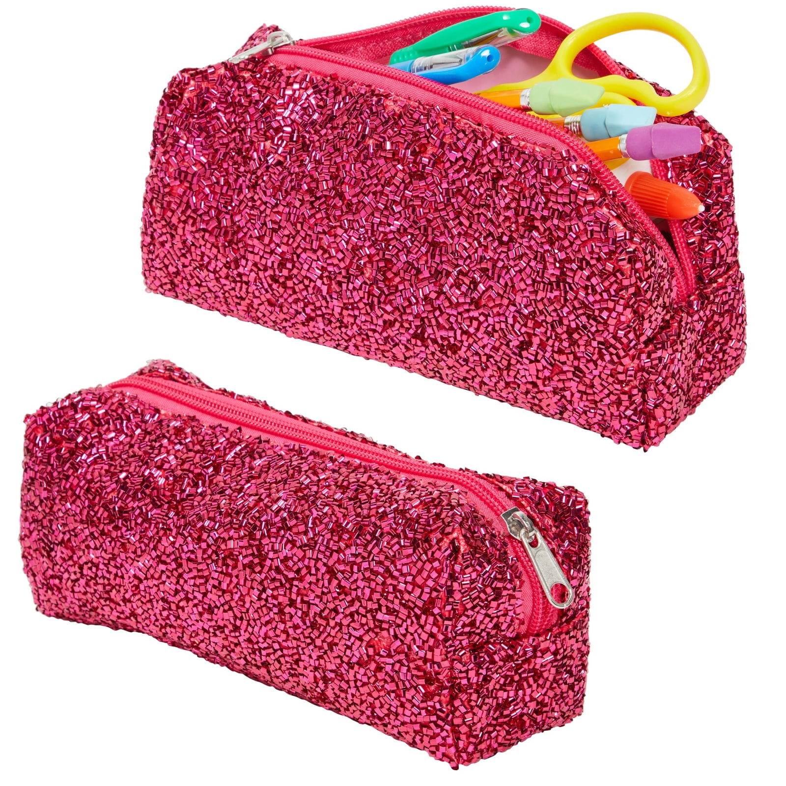 2 Pack Fabric Glitter Travel Makeup Bag for Women Toiletry Cosmetic Pouch Metallic Pink