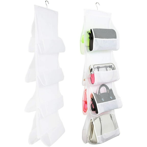 2-Pack Fabric Mesh 8-Pocket Hanging Handbag Purse Storage Organizer for Closet, White 48"x13.8"