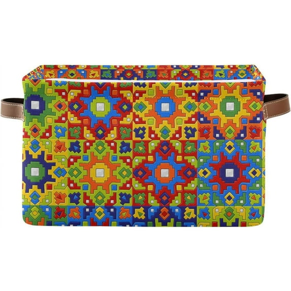 2 Pack Fabric Storage Basket Mexican Talavera Ceramic Closet Storage Bins with Handles Foldable Baskets for Shelves Toy Organizer Home Office Decor Gifts