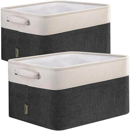 2 Pack Fabric Storage Bins for Shelves, Linen Storage Baskets for Organizing, Decorative Closet Bins for Clothes, Home (Black, 15"x11"x9.5")