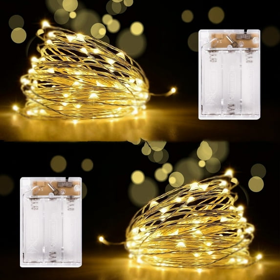 2 Pack Fairy String Lights Battery Operated 16.4Ft 50 LEDs Silver Copper Wire Twinkle Lights for Halloween Christmas Bedroom Indoor Outdoor Wedding Party Decoration (Warm White)