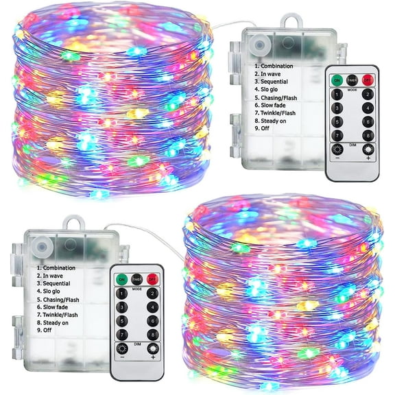 2 Pack Fairy String Lights Battery Operated Christmas Lights 33FT 100 LED Waterproof Copper Wire Twinkle Lights with Remote for Christmas Tree Wedding Party Indoor Outdoor Decor (Multicolor)