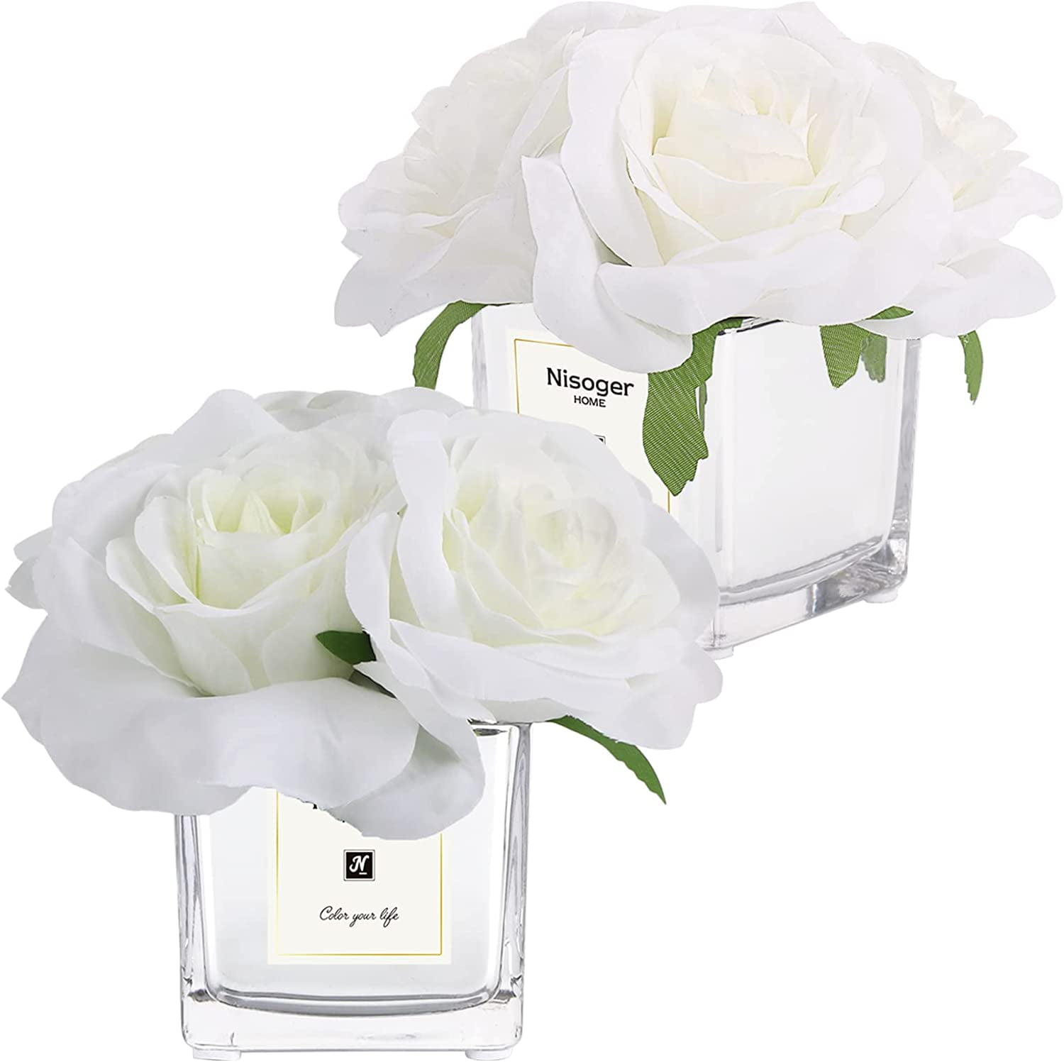 2 Pack Fake Flowers with Vase Silk Roses Artificial Flowers in Vase