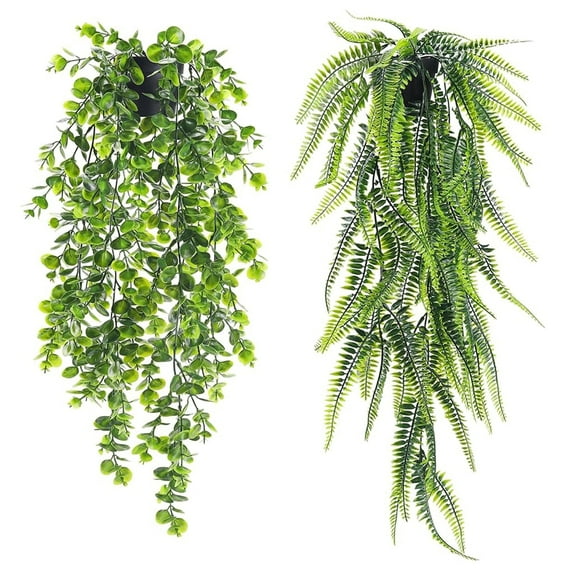 2 pack Artificial Hanging Plants in Black Indoor Pots