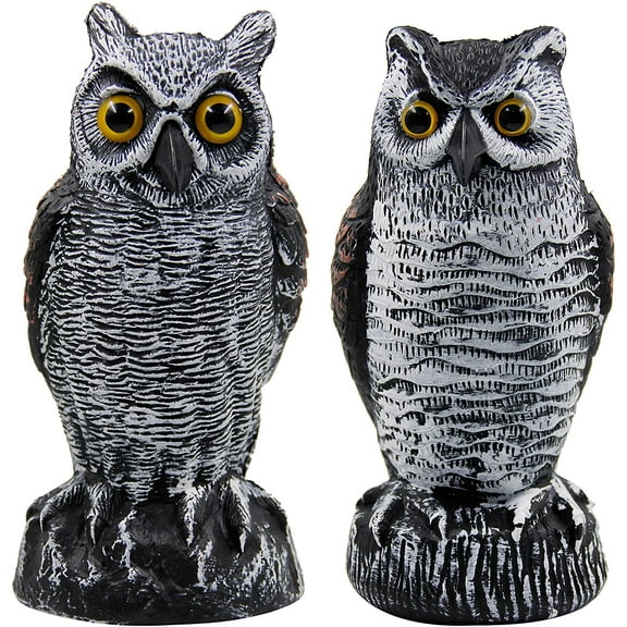 2 Pack Fake Horned Owl Bird Scarecrow Decoy 10.5 Inch Height, Plastic Deterrents, Halloween Decoration, Nature Enemy Pest Repellent for Outdoor Garden Yard