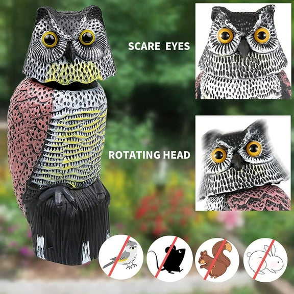 2 Pack Fake Owl Decoys to Scare Birds Away from Gardens and Patios, Rotating Head Owl Bird Deterrents, Nature Enemy Scarecrow Plastic Owl Statues, Pest Repellent, Pigeon Deterrent