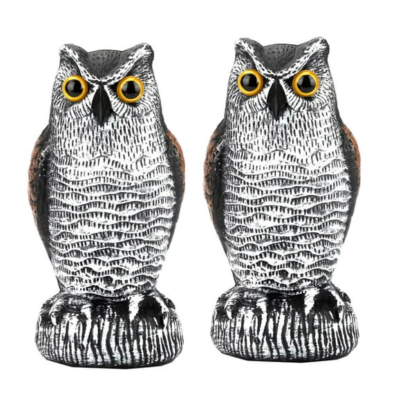 2 Pack Fake Owl Decoys to Scare Birds Away from Gardens and Patios, Rotating Head Owl Bird Deterrents, Nature Enemy Scarecrow Plastic Owl Statues, Pest Repellent, Pigeon Deterrent