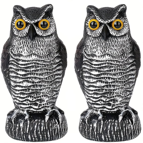 2 Pack Fake Owl Decoys to Scare Birds Away, Rotating Head Bird Deterrents, Nature Enemy Scarecrow Plastic Statues, Pest Repellent for Gardens and Patios