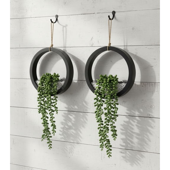 2 Pack Fake Plants Hanging Artificial Succulents Plants in Black Pots for Living Room Bathroom Accessories Boho Farmhouse Wall Decor