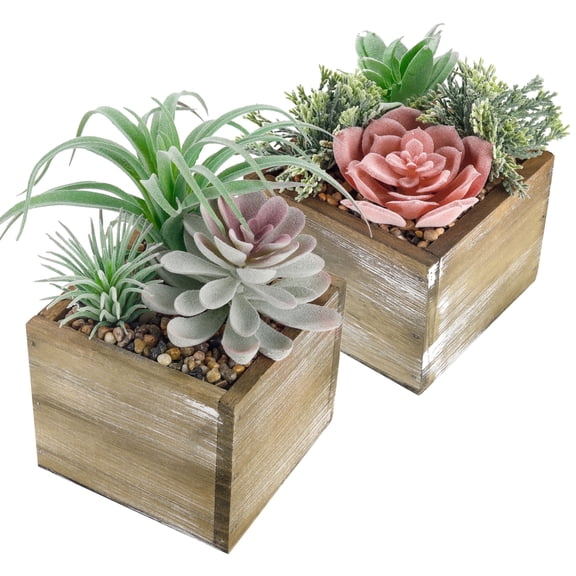 Miracliy 2 Pack Artificial Succulent Plants in Rustic Wooden Square Planter Boxes, Faux Potted Mini Succulent Arrangements for Home Tabletop Desktop Decor