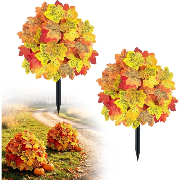 2 Pack Fall Artificial Maple Leaf Topiary Ball, Outdoor Autumn Faux Maple Sphere Bushes with Ground Spike, Harvest Fake Leaf Topiary Trees for Yard Walkway Porch Front Entrance Decor (Maple Leaf)
