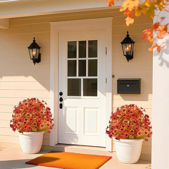 2 Pack Fall Artificial Mums Topiary Ball Tree with Ground Spike Boxwood 25" Resistant Fake Greenery Shrub Faux Violet Plant Fall Decorations Flower for Garden Yard Porch Autumn Outdoor Decor