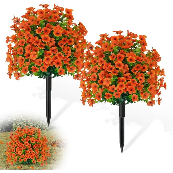 "2 Pack Fall Artificial Topiary Ball Tree with Violet Flowers, 21.26" Artificial Outdoor Shrubs with Ground Spike, UV Resistant Fake Bushes, Outdoor Fall Front Porch Decor