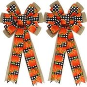 2 Pack Fall Bows for Wreaths Decorations, Fall Tree Topper Bow, Thanksgiving Bow with Orange Pumpkin Buffalo Plaid Burlap for Halloween Autumn Home Front Door Outdoor