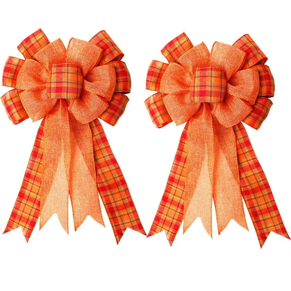 2 Pack Fall Bows for Wreaths Decorations for Home, Halloween Tree Topper Bow, Thanksgiving Bow with Orange Buffalo Plaid Burlap Front Door Outdoor