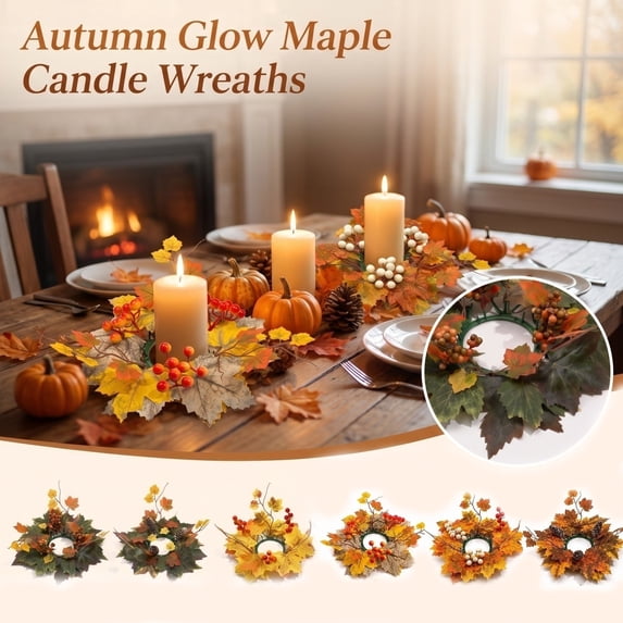 2 Pack Fall Candle Rings Wreaths with Artificial Maple Leaves, Pumpkins & Berries for Thanksgiving Table Centerpiece, Autumn Pillar Candle Holder Decor, 1Pack E