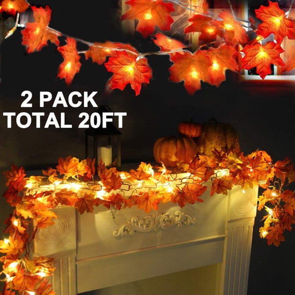 2 Pack Fall Decor Enlarged Maples Leafed Halloween Fall Decorations for Home Fall Lights Thick Leafs Garlands, Total 20Ft 40LED Battery Operated Waterproof Thanksgiving Decor Indoor Outdoor
