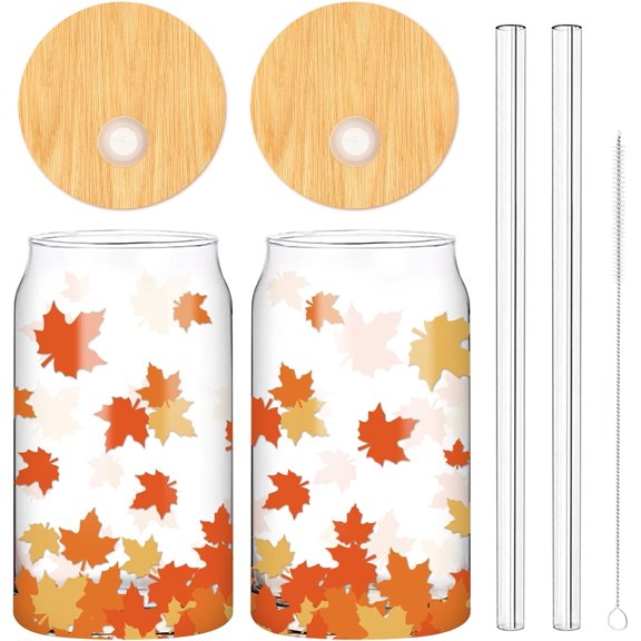 2 Pack Fall Drinking Glasses 16oz Maple Leaf Glass Cup Fall Leaves Iced Coffee Cup with Lid Straw Cleaning Brush Beer Can Glass for Autumn Thanksgiving Cocktail Whiskey Beer Soda Gifts