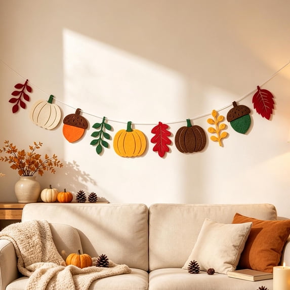 2 Pack Fall Felt Garland with Pumpkin, Acorn & Leaf Cutouts, Autumn Harvest Hanging Bunting Banner, Thanksgiving Halloween Farmhouse Wall Mantel Fireplace Home Party Decor