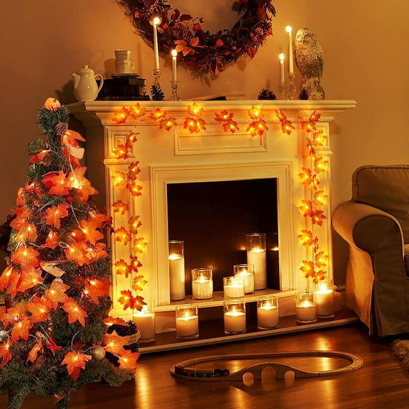 2 Pack Fall Garland 20Ft 40 LED Lighted Maple Leaf String Lights for Fall Decor Thanksgiving Decoration Halloween Decor