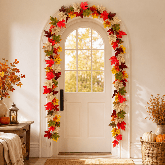 2 Pack Fall Garland, 5.7-Ft Artificial Maple Leaf Garlands with Double-Layer Silk Leaves for Thanksgiving Mantel, Fireplace, Staircase and Table Decor