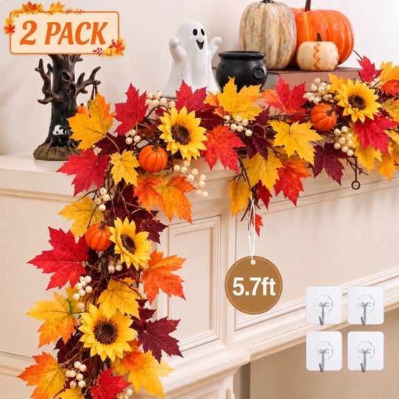 2 Pack Fall Garland Maple Leaf, 5.7FT Artificial Autumn Vine with 3 Maple Leaf Styles, Sunflower, Pumpkin & White Berries, Thanksgiving Decor for Fireplace Mantel Indoor Outdoor
