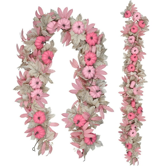 2-Pack Fall Garland with Maple Leaves & Berries - 5.6FT Autumn Harvest Decor for Thanksgiving, Halloween & Christmas - Farmhouse Mantle, Fireplace, Staircase Decorations (Pink Accents)
