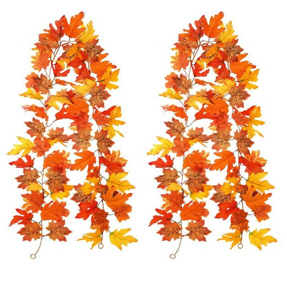 2-Pack Artificial Maple Leaf Fall Garland - Autumn Hanging Vine Decor for Thanksgiving, Wedding Parties, and Christmas Seasonal Home Decor,Orange