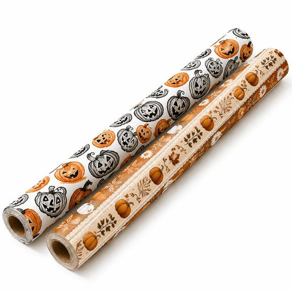 2 Pack Fall Halloween Gift Wrapping Paper Rolls, Coated Paper, Pumpkin & Autumn Harvest Printed Design