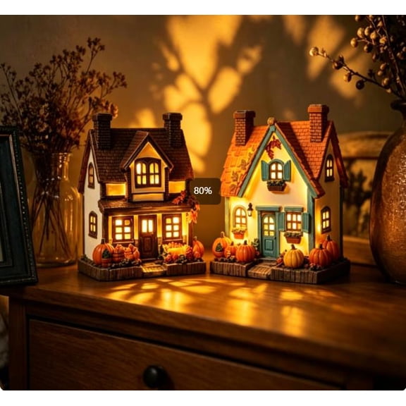 2 Pack Fall Harvest Lighted Resin Cottage Figurines, 7.5 Inch LED Light Up Pumpkin & Fruit Harvest House Set for Thanksgiving Autumn Tabletop Home Decor