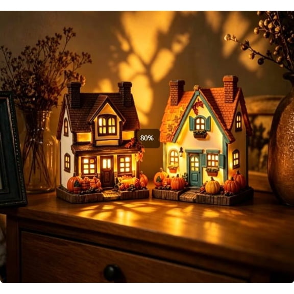 2 Pack Fall Harvest Lighted Resin Cottage Figurines, 7.5 Inch LED Light Up Pumpkin & Fruit Harvest House Set for Thanksgiving Autumn Tabletop Home Decor